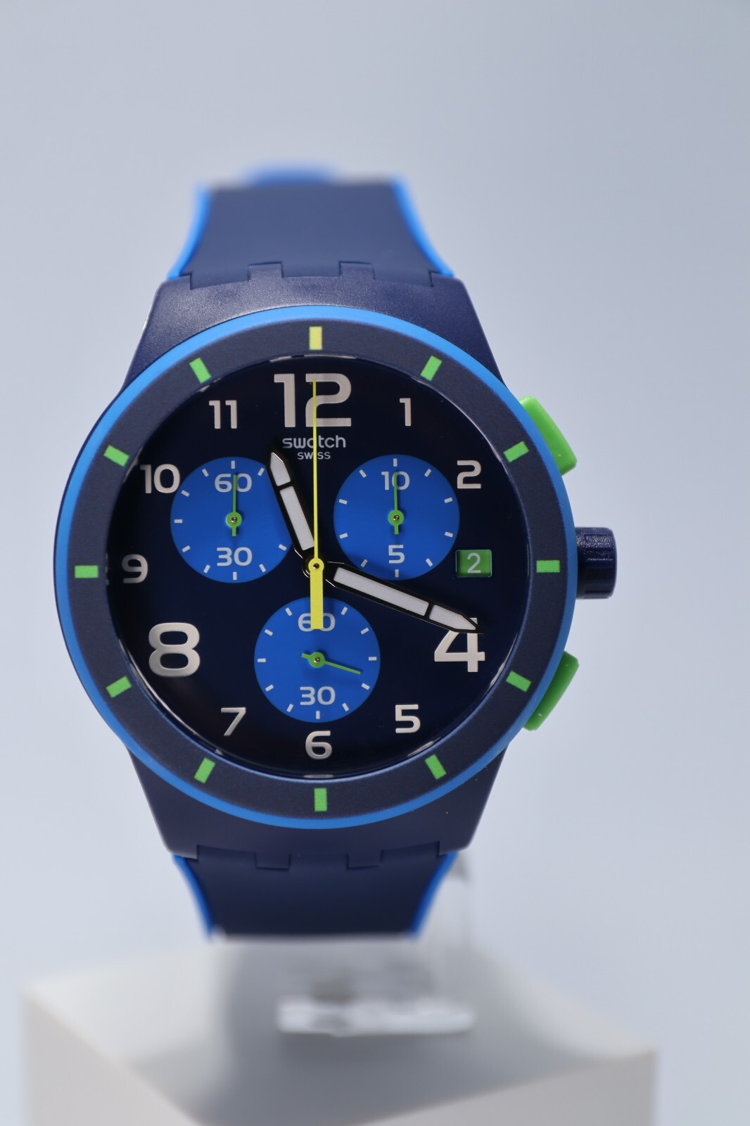 Limited Swiss Swatch BLEU SUR BLEU Silicone Chrono Men Date Watch 42mm SUSN409
