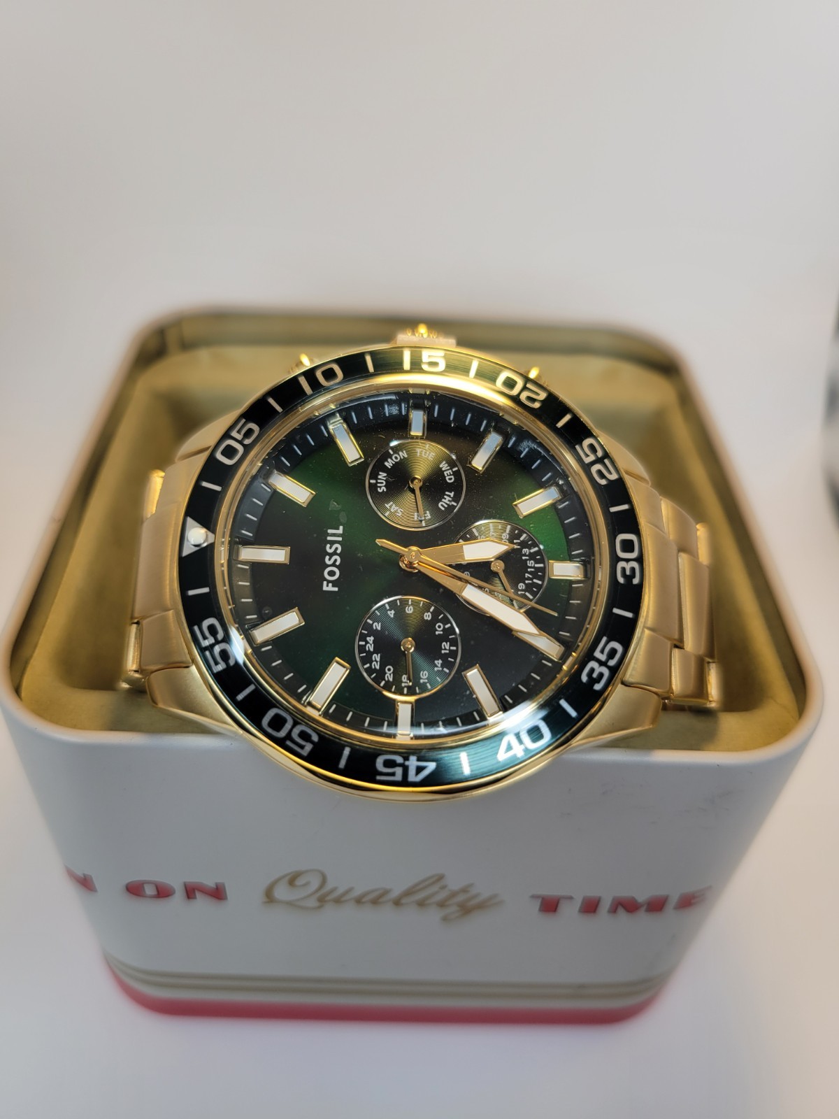 FOSSIL Bannon Mens Multifunction Watch Dark Green Dial Gold Stainless Steel Band