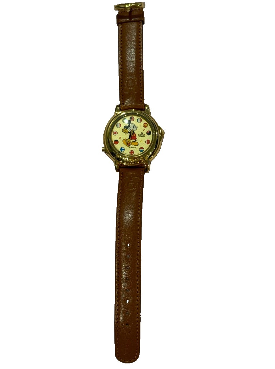 Disney Mickey Mouse Flags Dial Quartz Water-Resistant Brown Leather Strap Watch