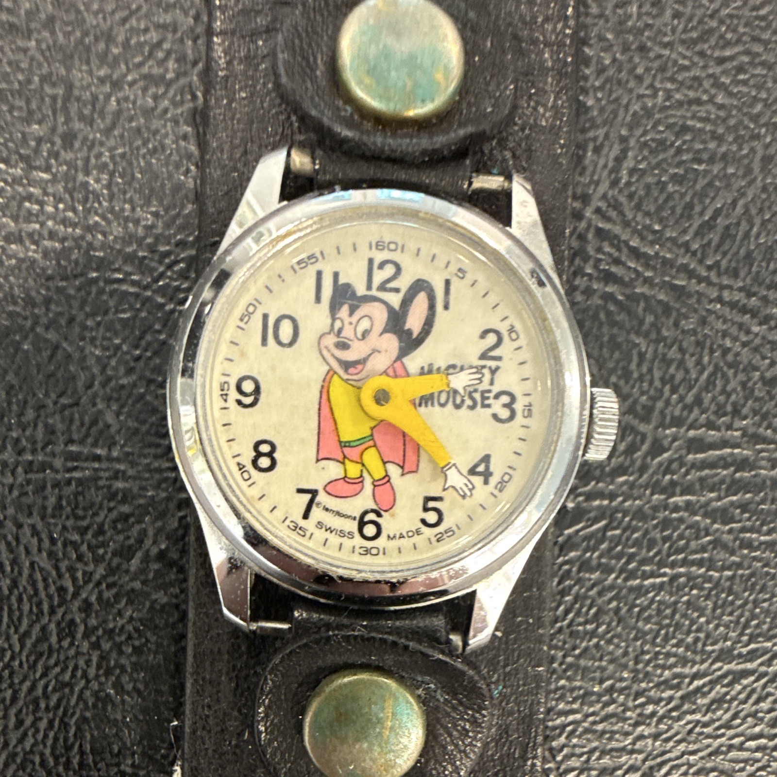 Vintage Mighty Mouse Cartoon Dial Manual Wind Analog Watch, Leather Strap, 24mm