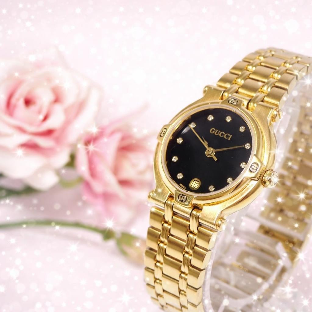 GUCCI 9200L Date 11P Diamond Quartz Ladies Watch Gold Black Swiss Working