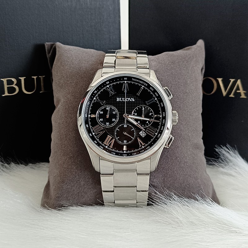Men Bulova Wilton Black Dial Stainless Steel Classic 96B288 Quartz Watch 46.5mm