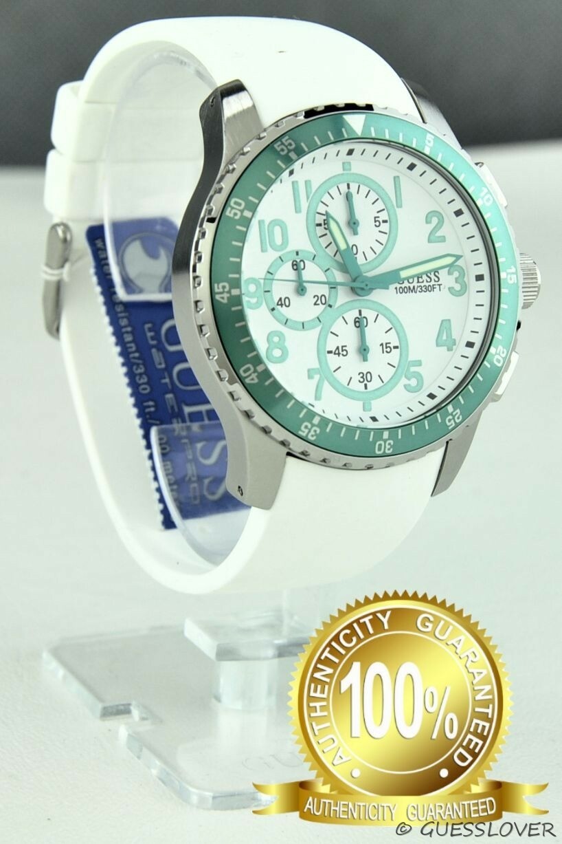 Guess Men Warranty NWT Watch White Rubber Unisex Green FAST SHIPPING!