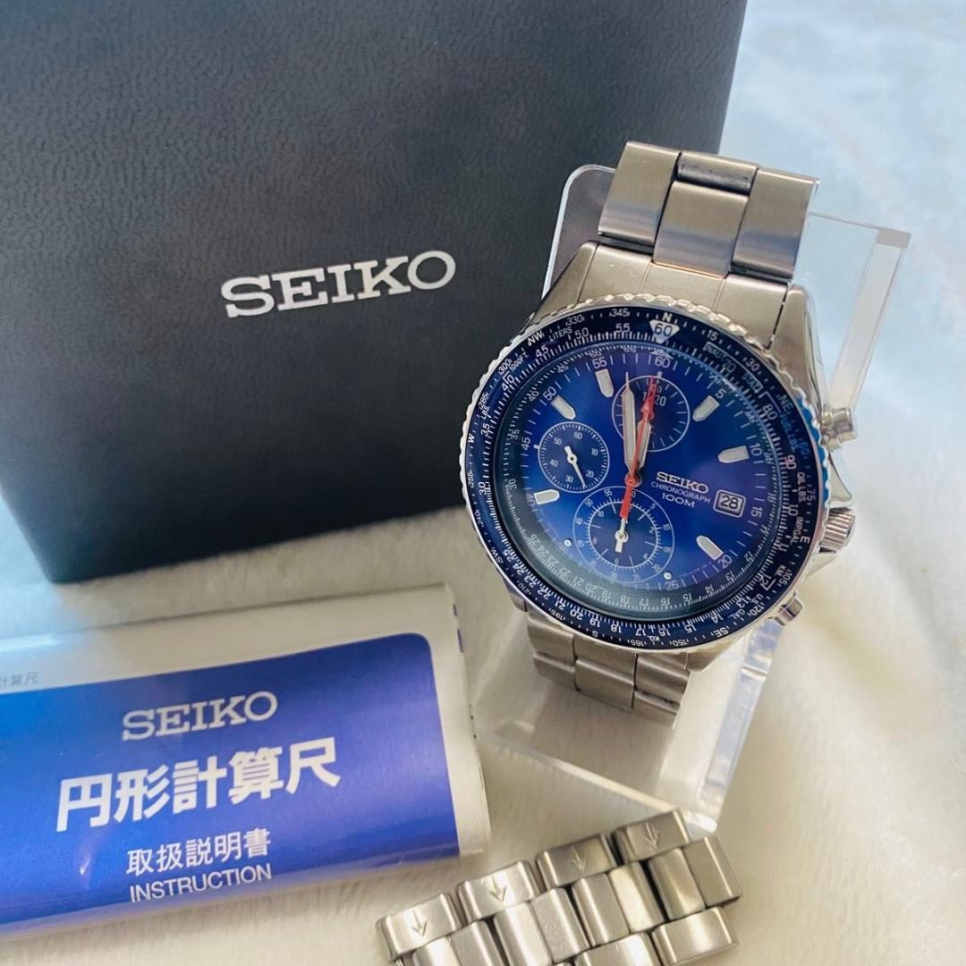 SEIKO 7T92-0CF0 Pilot Quartz Chronograph Blue Dial Slide Rule Date Watch Box
