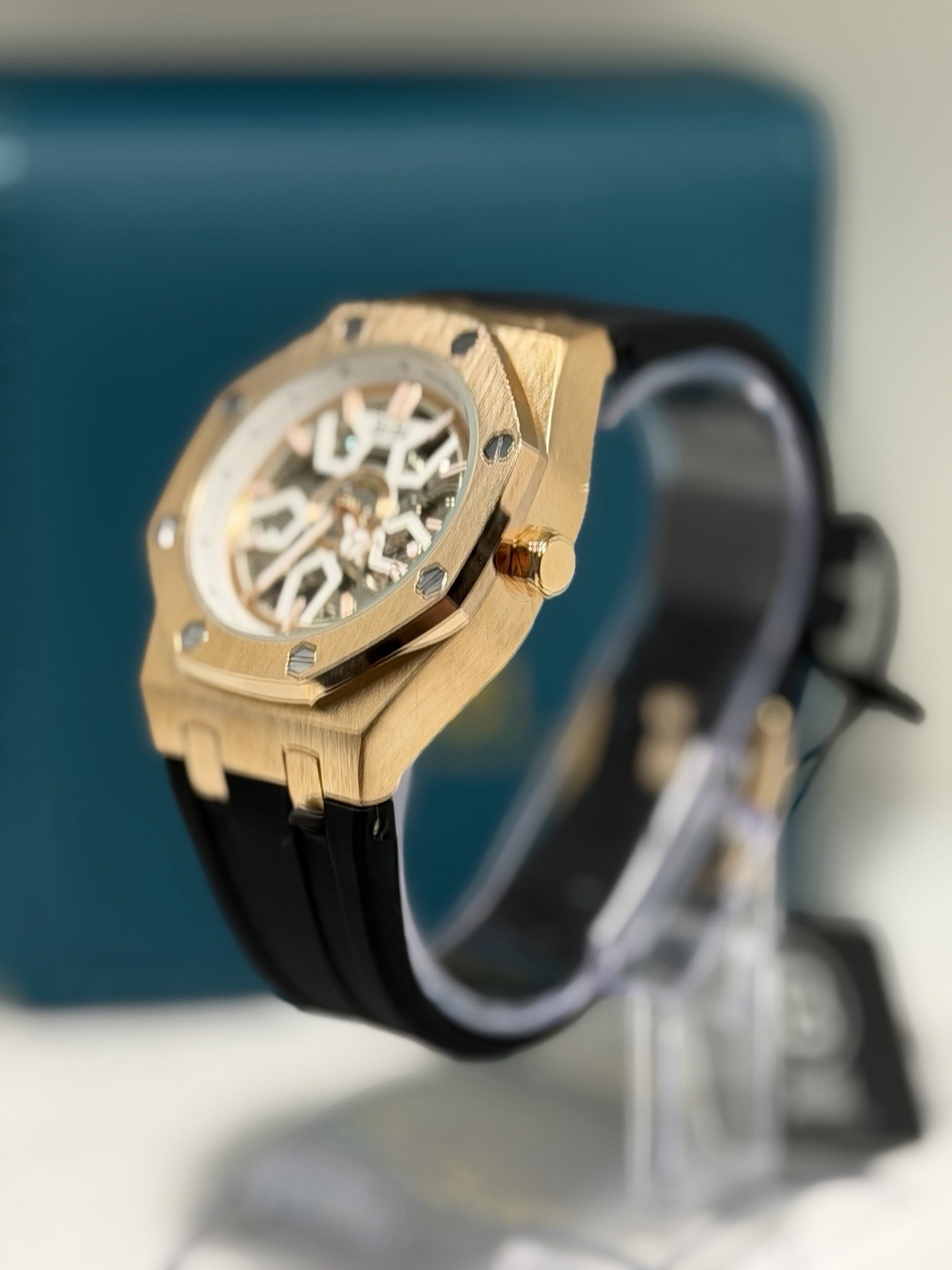 BIBI Skeleton Automatic Watch Rose Gold Black Silicone Strap 41.5mm! SLEEK! NEW!