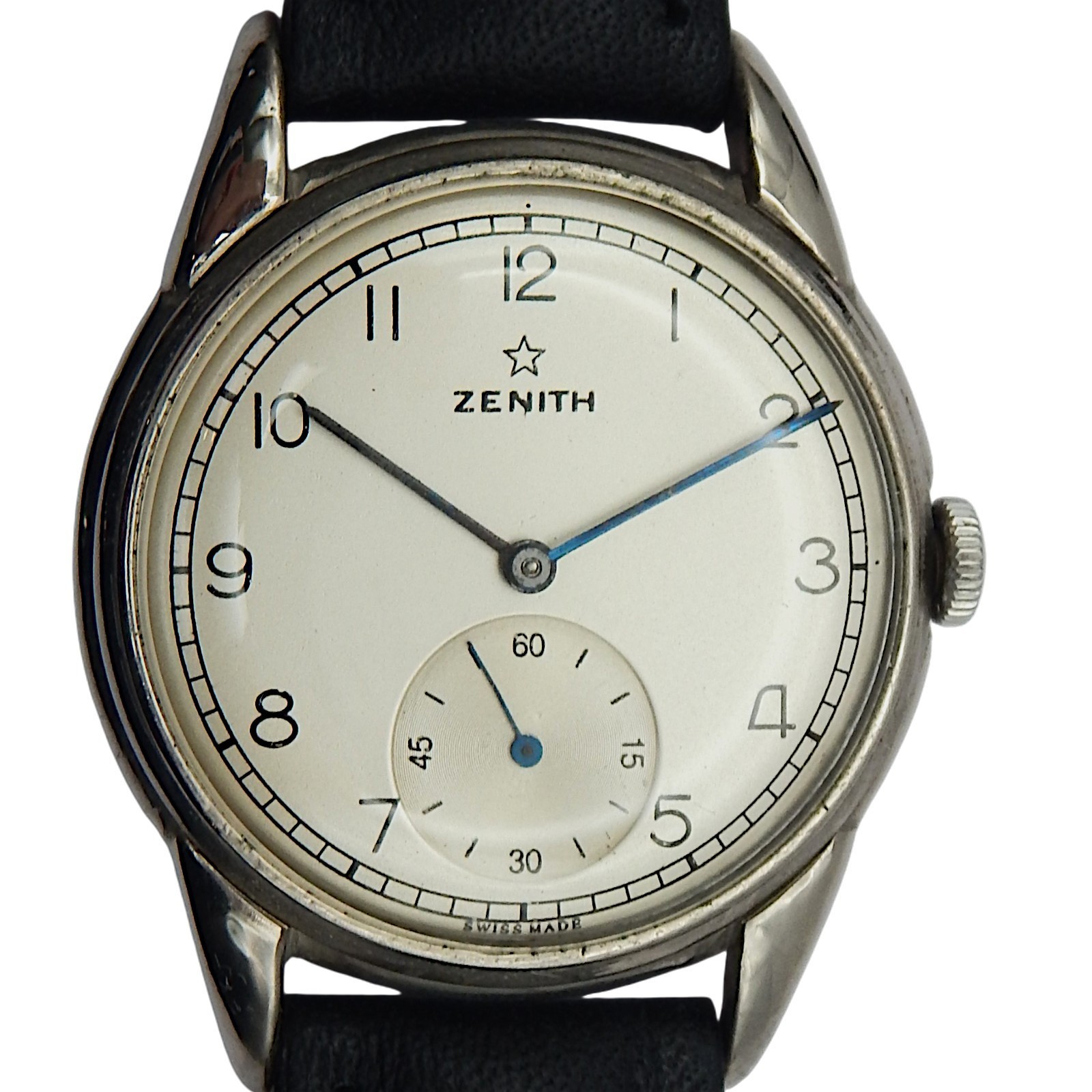 Vintage Zenith Mens Watch 1940s Manual Wind Steel Fancy Lugs Refinished Dial