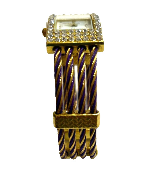 Vintage Y2K Geneva Cable Cuff Bangle Watch Rhinestone Bezel Gold Silver Tone
