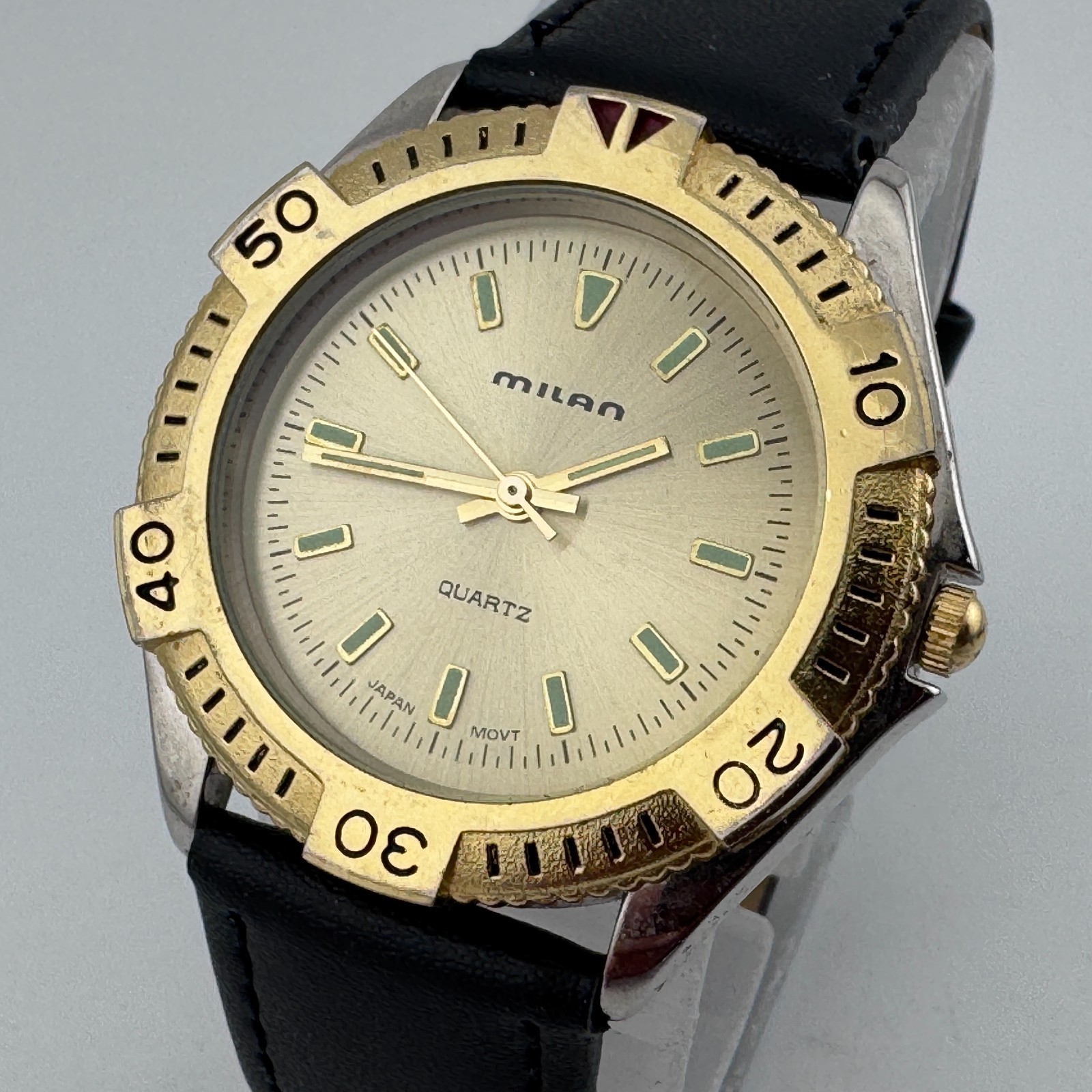 VTG Milan Quartz Watch Men Dual Tone Fixed Bezel Leather Japan Analog New Batter
