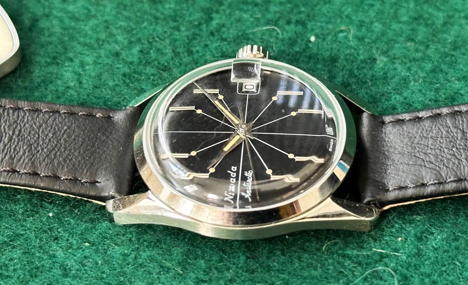 Nivada Grenchen Antarctic Spider Black Dial, classic 35mm size, New, Never Worn