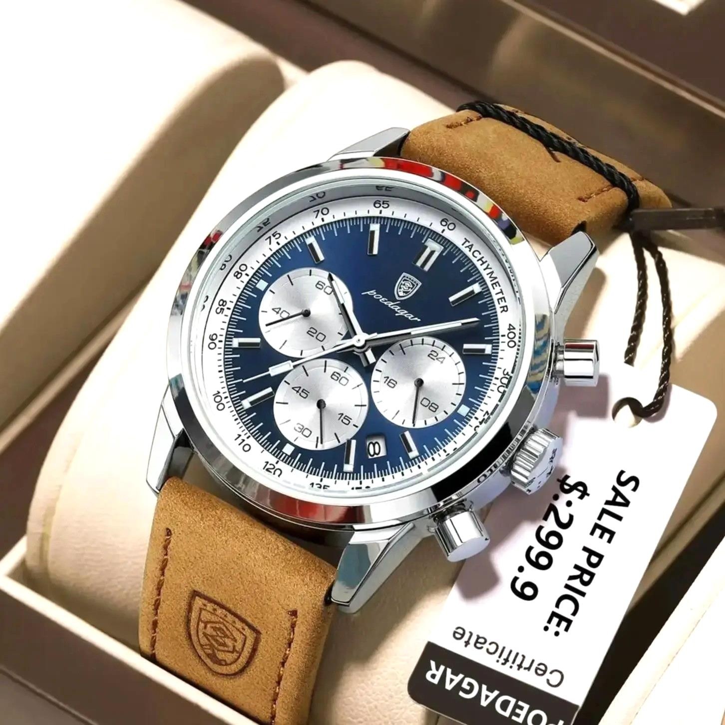 40MM POEDAGAR Men’s Quartz Watch Luxury Leather 30M Waterproof Luminous Analog