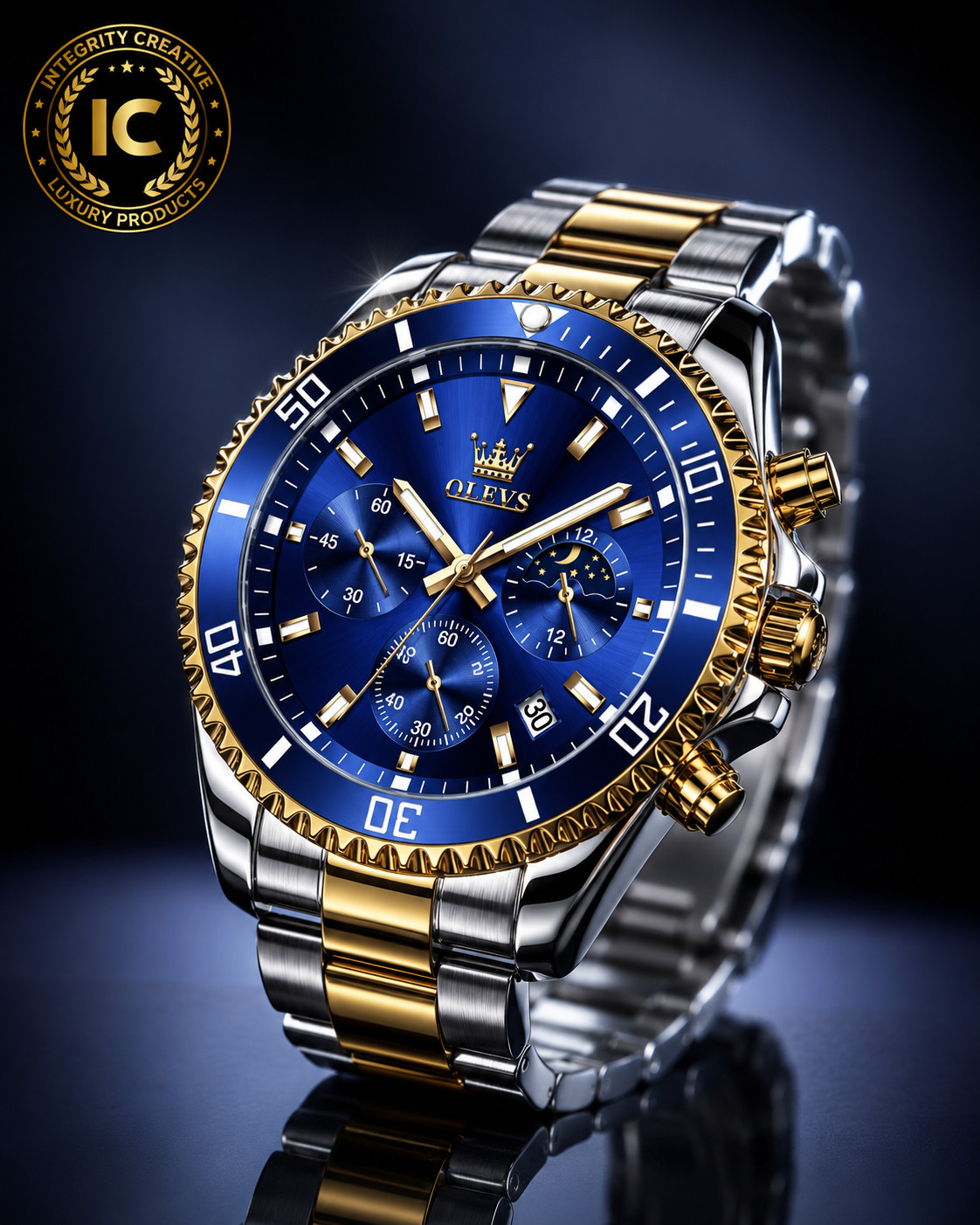 Mens Luxury 43m Quartz Diver Watch Gold Silver Bracelet 30M Waterproof Blue Dial
