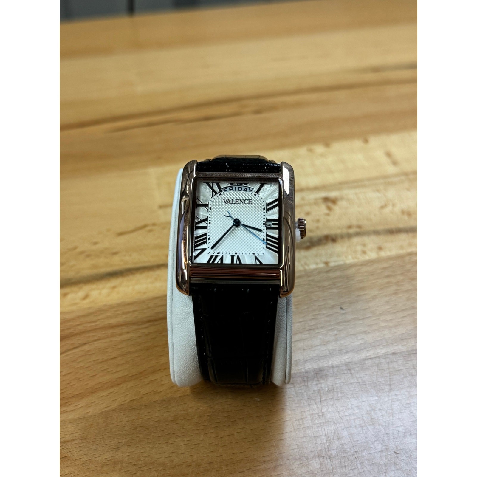 Valence VC088 Rose Gold White Dial Day Date Women’s Tank Black Leather Strap New