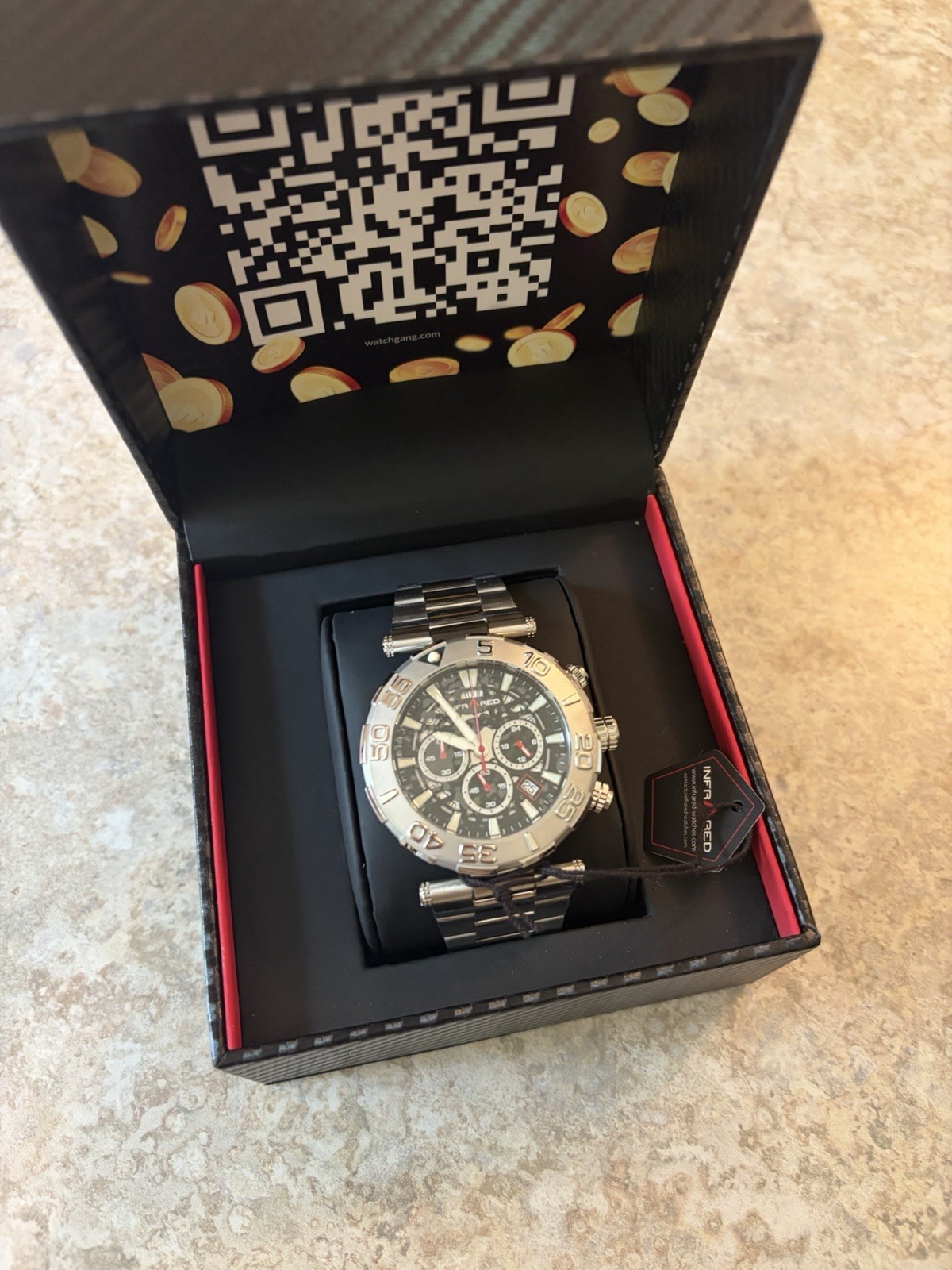 Infrared Men’s Quartz Chronograph Date Black Dial Silver SS Bracelet Watch Box