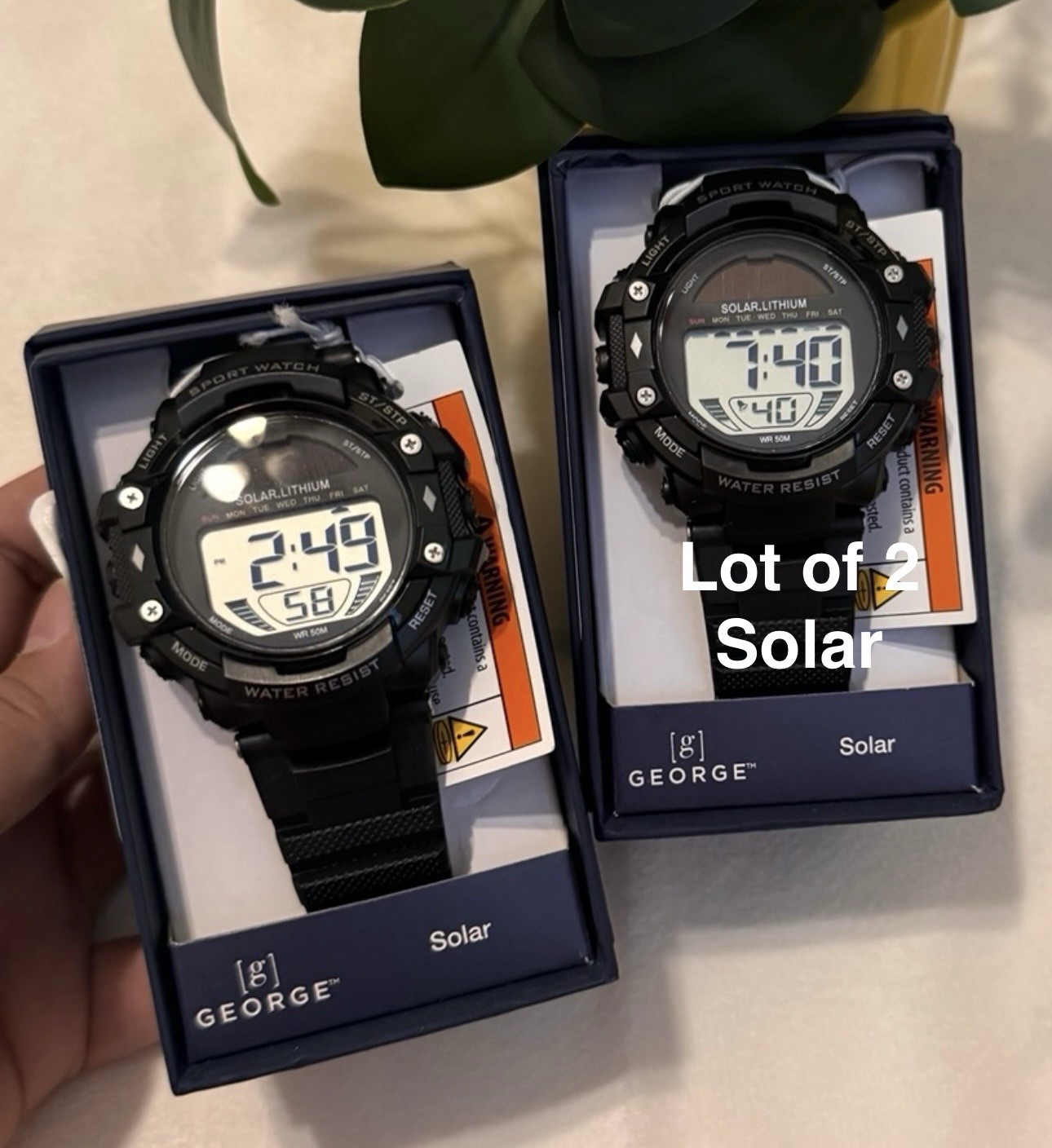George Mens Solar Digital Wristwatch Plastic Strap, Black, Lot of 2