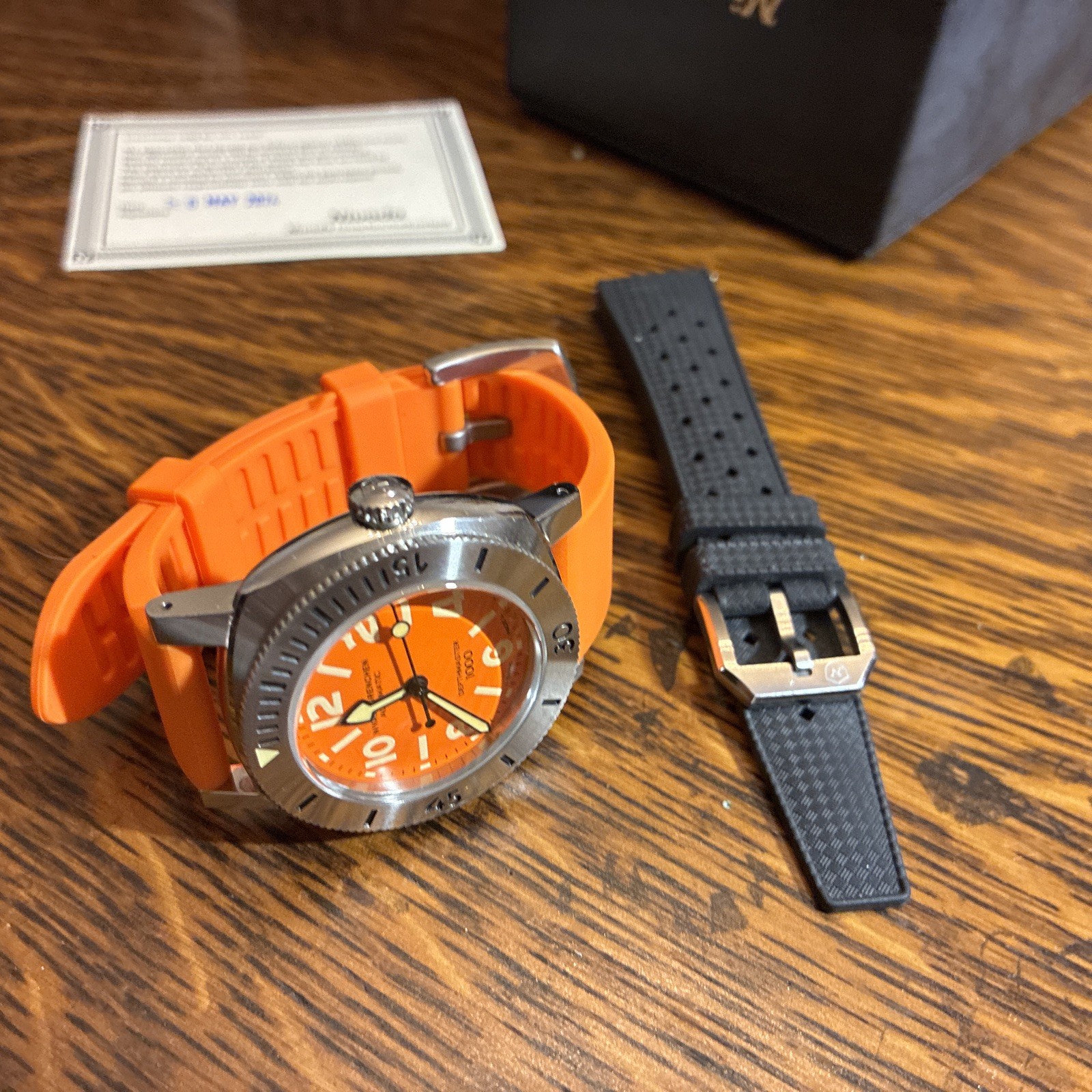 NIVADA GRENCHEN DEPTHMASTER SWISS AUTOMATIC DIVE WATCH ORANGE DIAL FULL SET