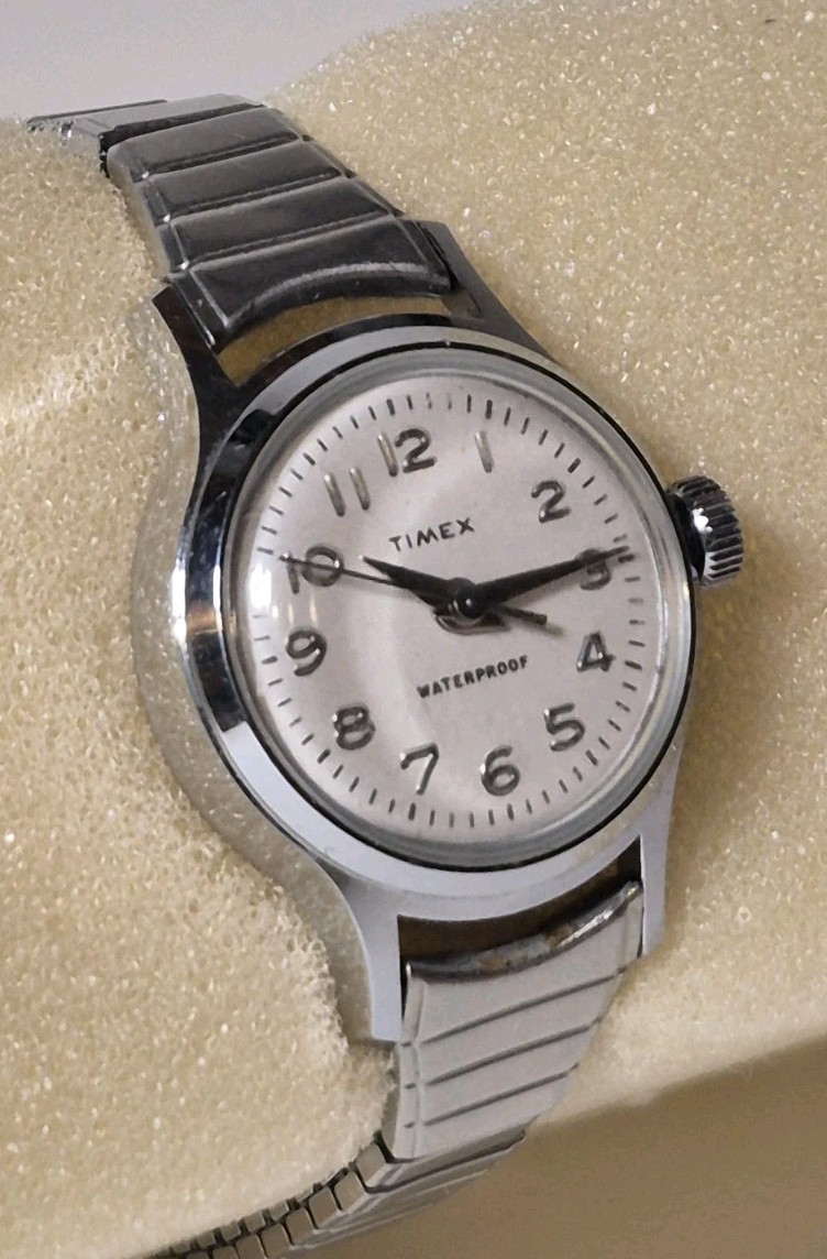 Timex Women’s 25mm Silver Tone Chome Plated Bezel Wind Up Stretch Band Watch