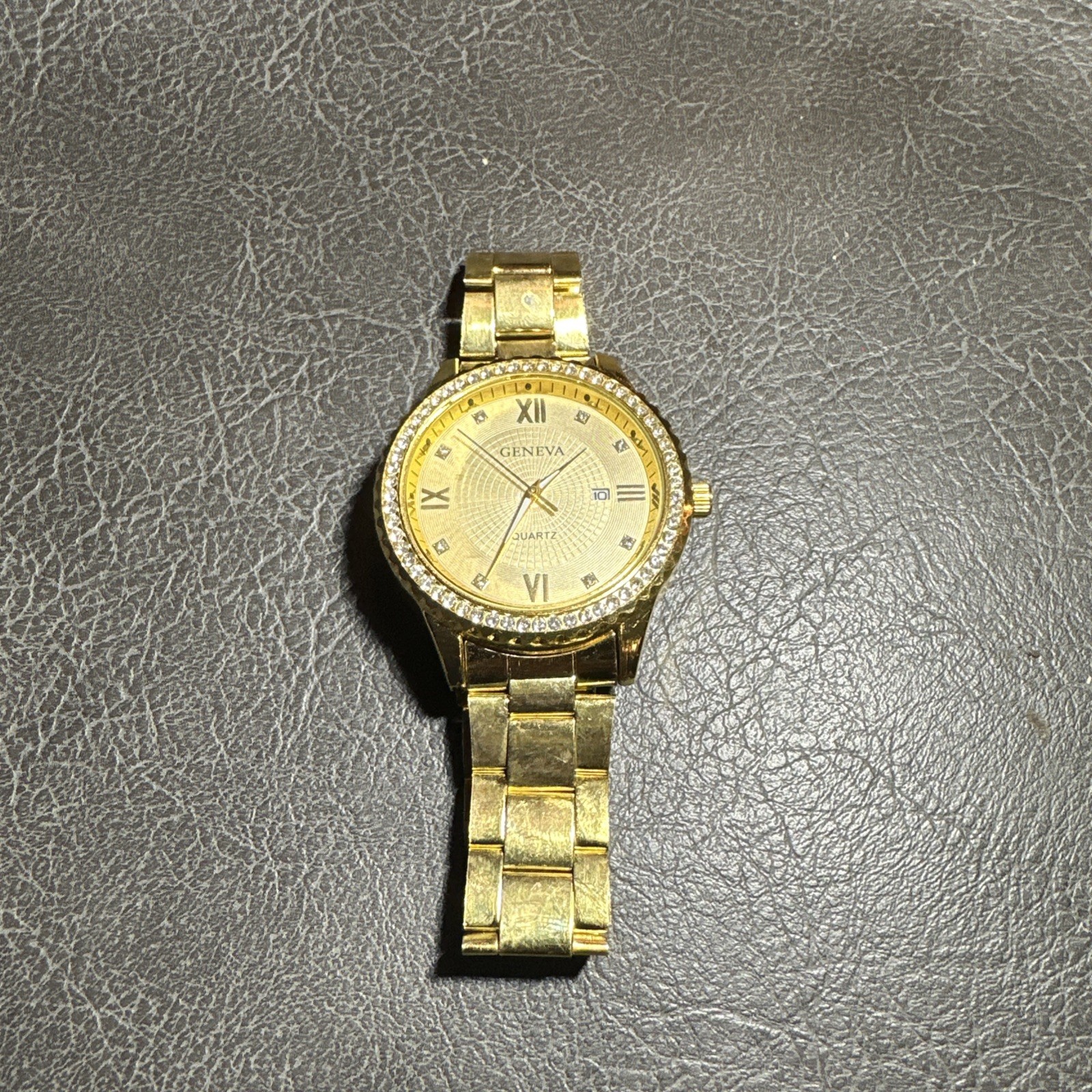 Geneva Crystal Gold Wrist Band Watch Metal Boyfriend Style 1.75″ Bracelet Link