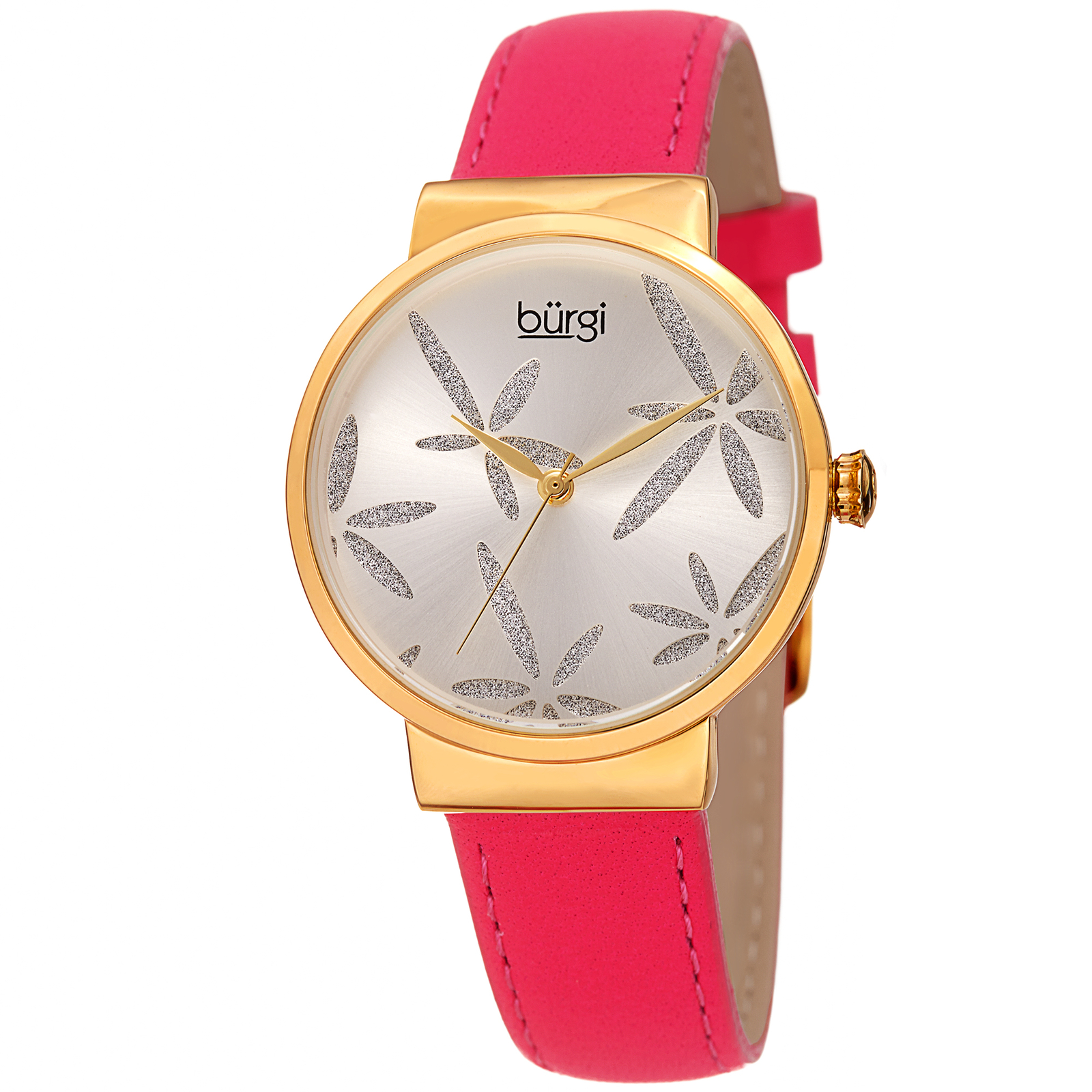Women’s BUR191PK Quartz Hot Pink Gold Tone Flower Glitter Leather Strap Watch