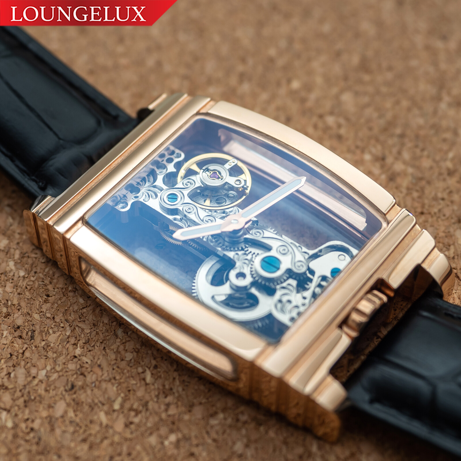 Mens Bridge Manual Mechanical Watch – Rose Gold Black Leather Diasteria 1688