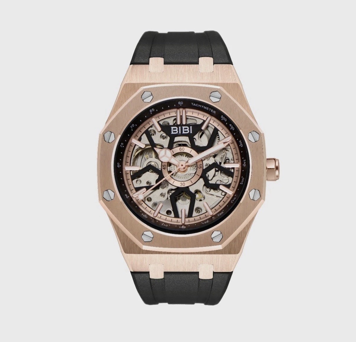 BIBI Skeleton Automatic Watch Rose Gold Black Silicone Strap 41.5mm! SLEEK! NEW!