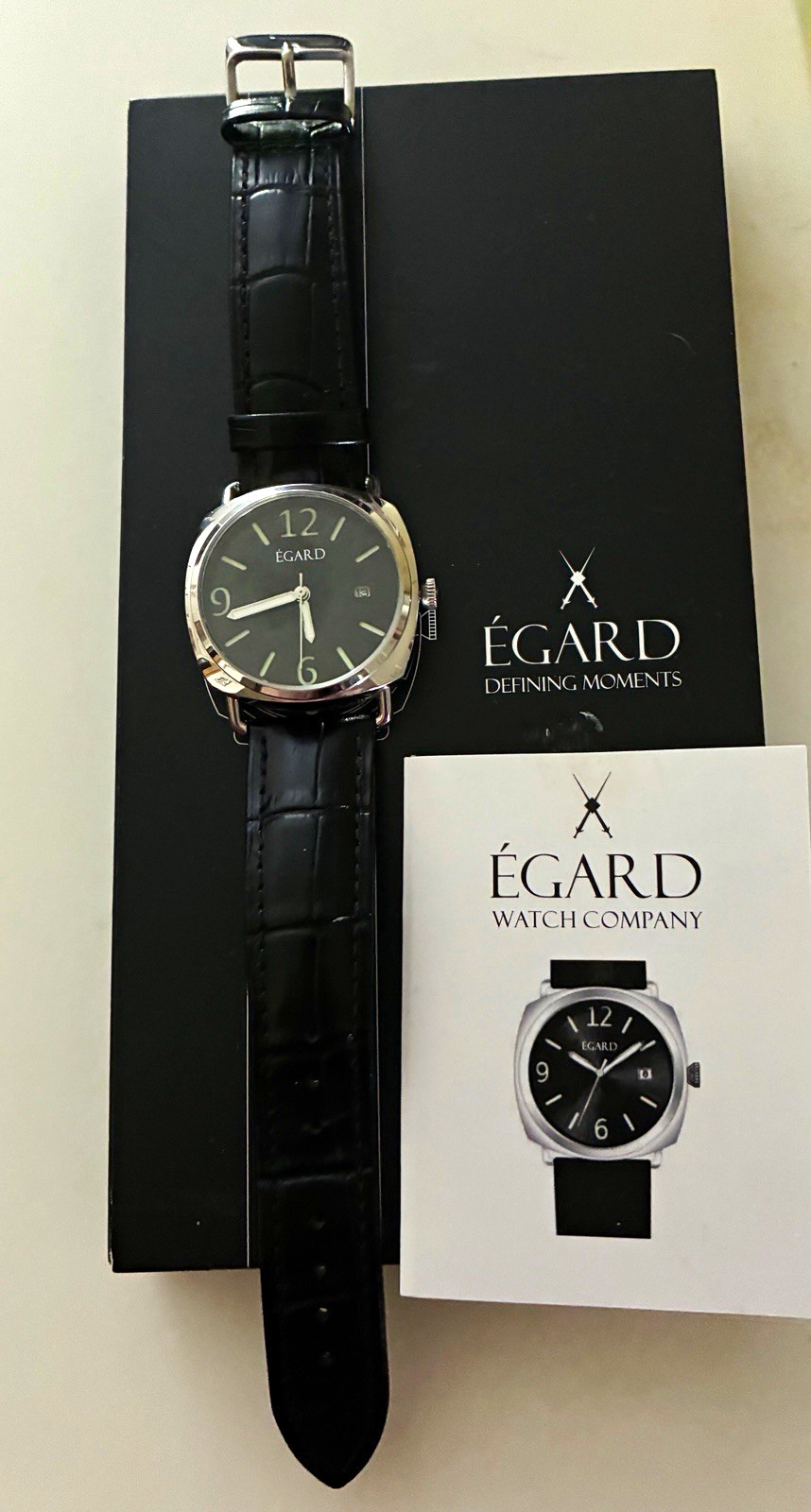 Egard 36mm Quartz Watch Black Dial Silver Case Black Leather Strap Date Box
