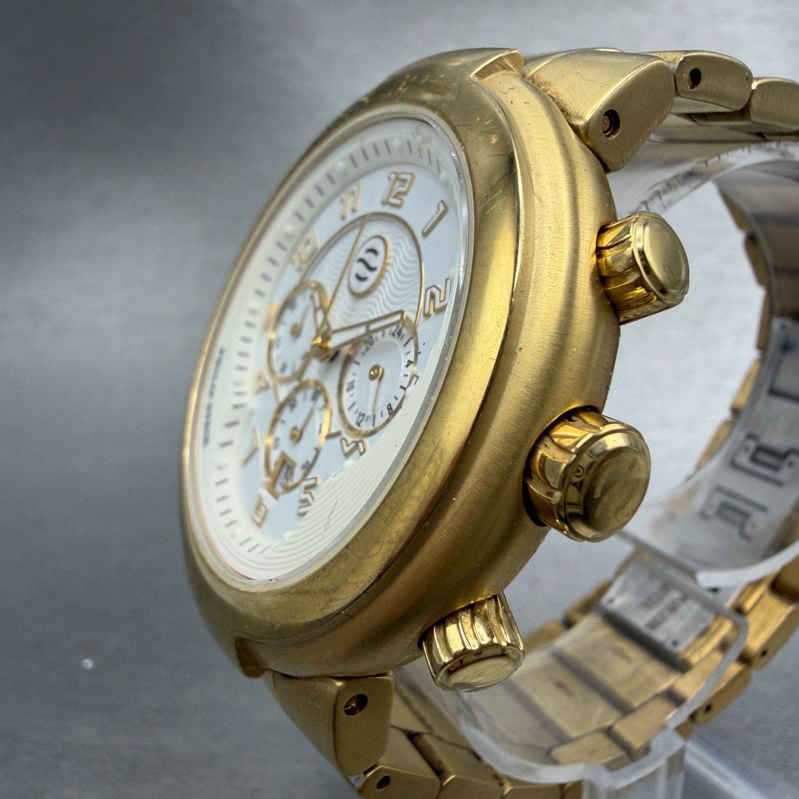 Philip Stein Active Chronograph Watch Men 45mm White Dial Gold Tone New Battery