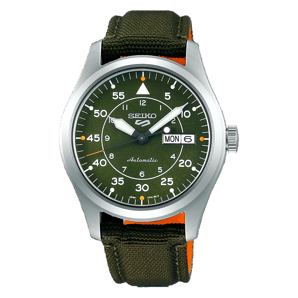 Seiko 5 Sports 39.4 MM Day-Date Automatic SS Green Canvas Band Watch SRPH29K1