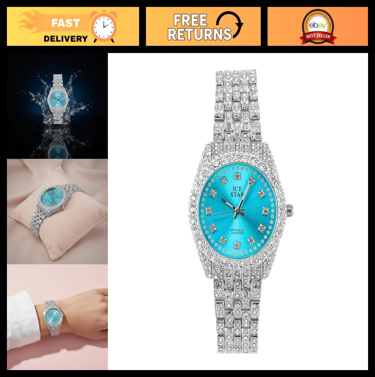 32mm Iced Out Women’s Diamond Dial Watch – Stylish & Elegant Timepiece