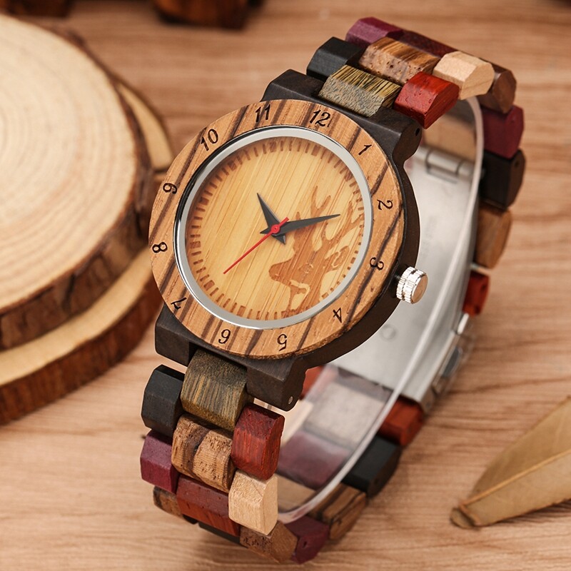 Casual Nature Wood Bamboo Watch Quartz Watches for Women Colorful Wooden Strap
