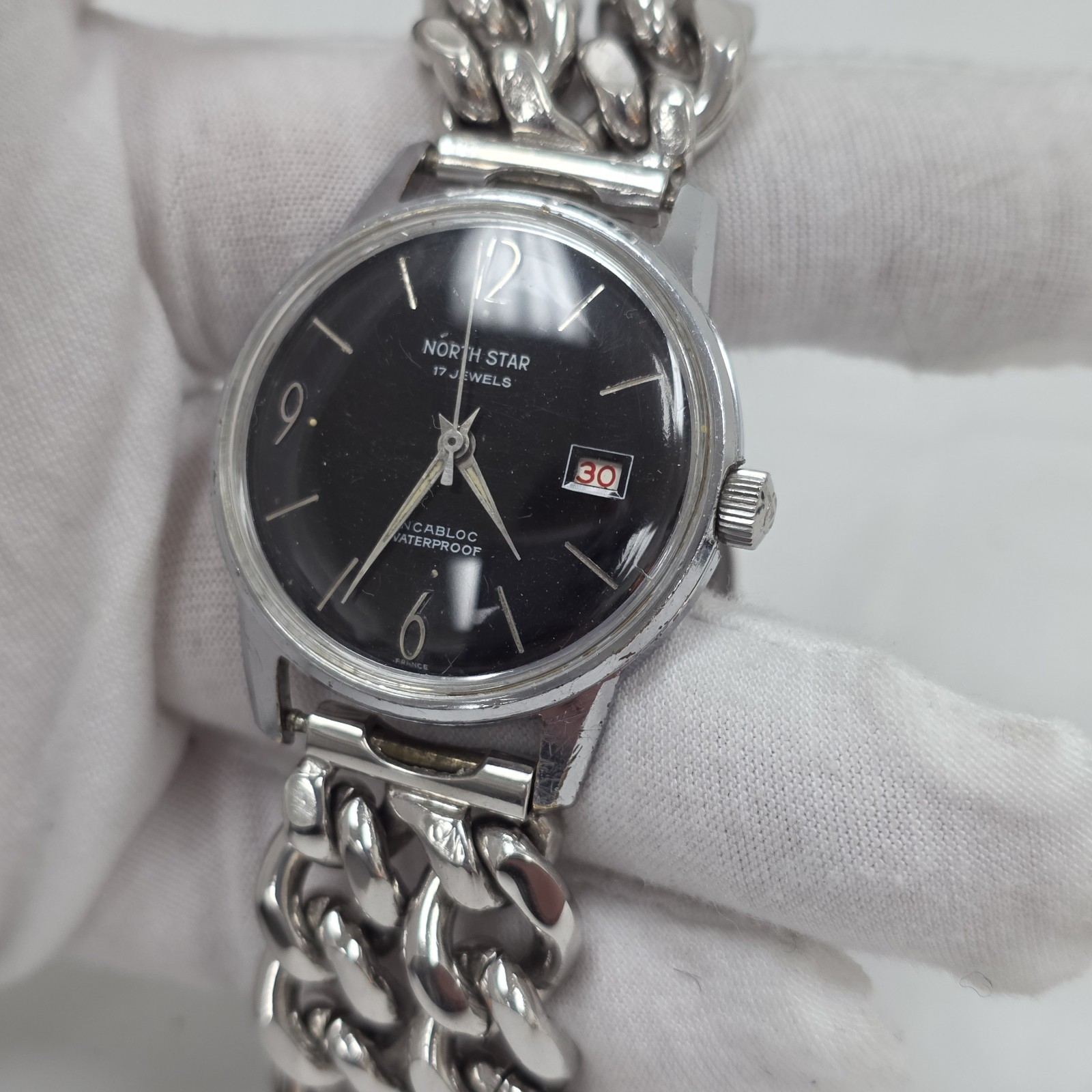 Vintage North Star Men’s SS Watch 17 Jewels Manual Wind Up France Black Dial