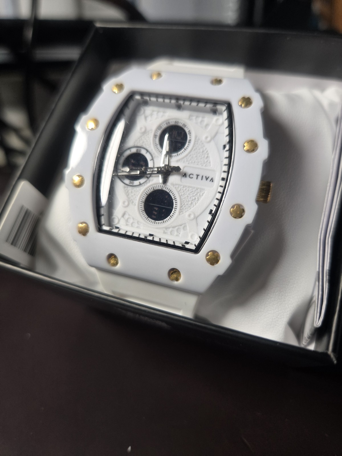 Activa Unisex Quartz Analog White Dial White/Gold Tonneau Rubber Strap