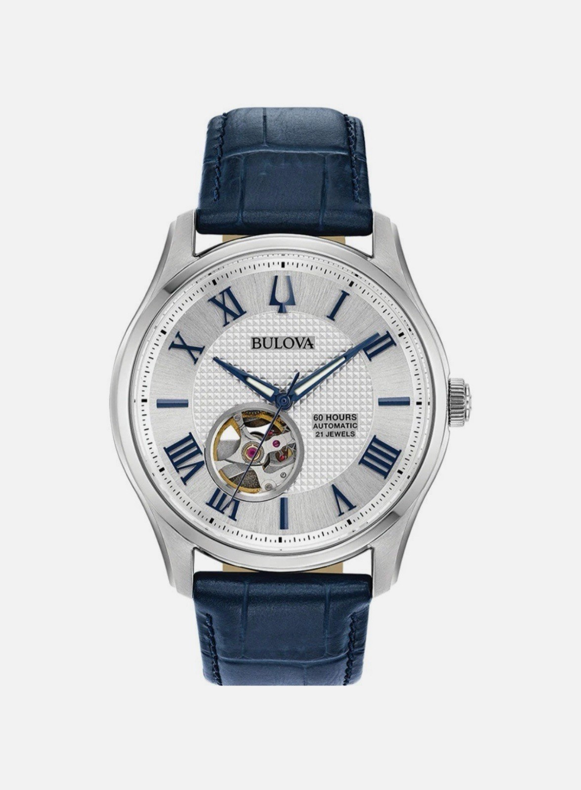 Bulova 96A206 Wilton Men’s 42mm Automatic Blue Leather Strap Silver Watch