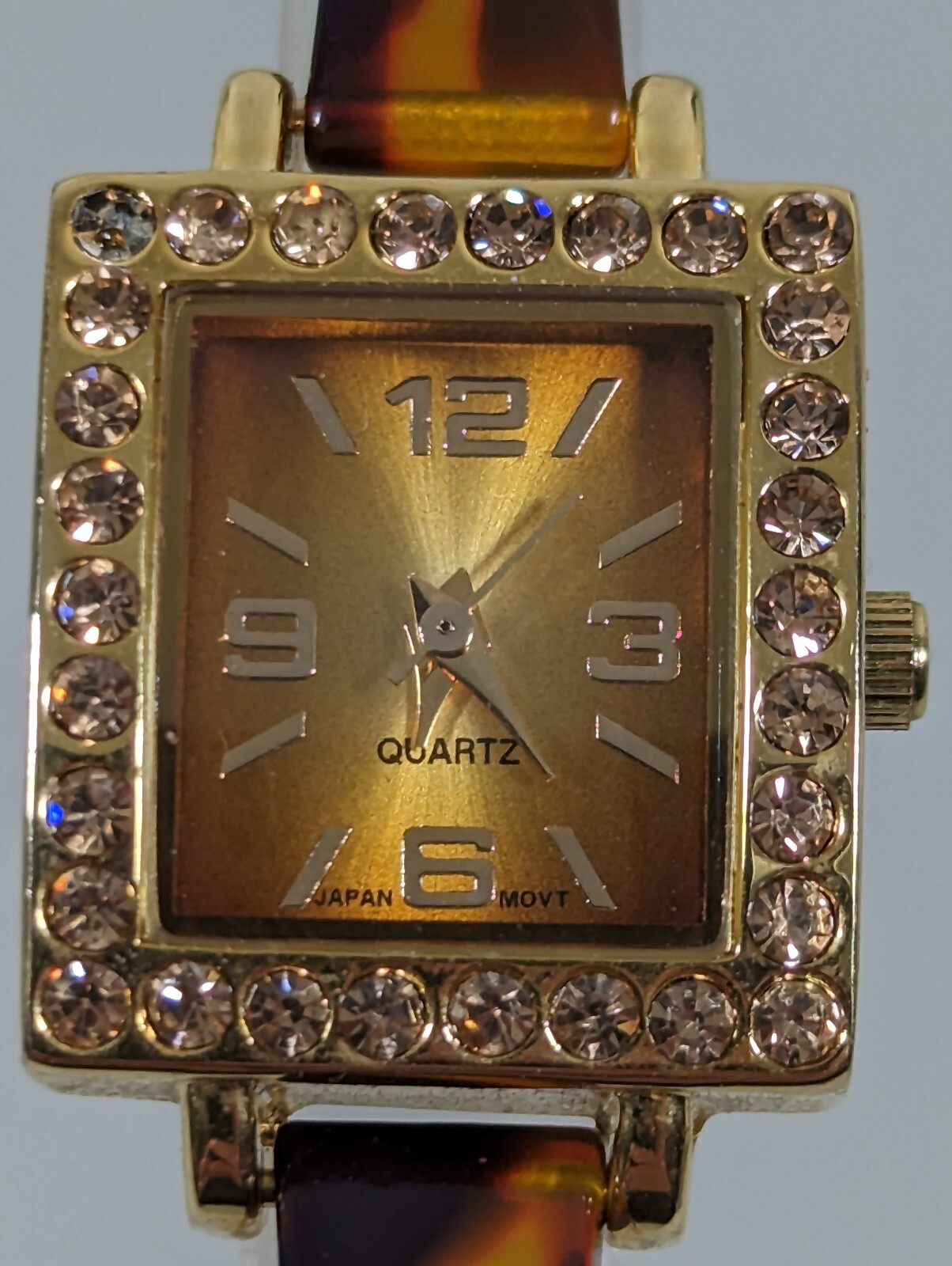 Brown Dial Crystal Accent Gold Tone Square Case Faux Tortoise Shell Band Watch