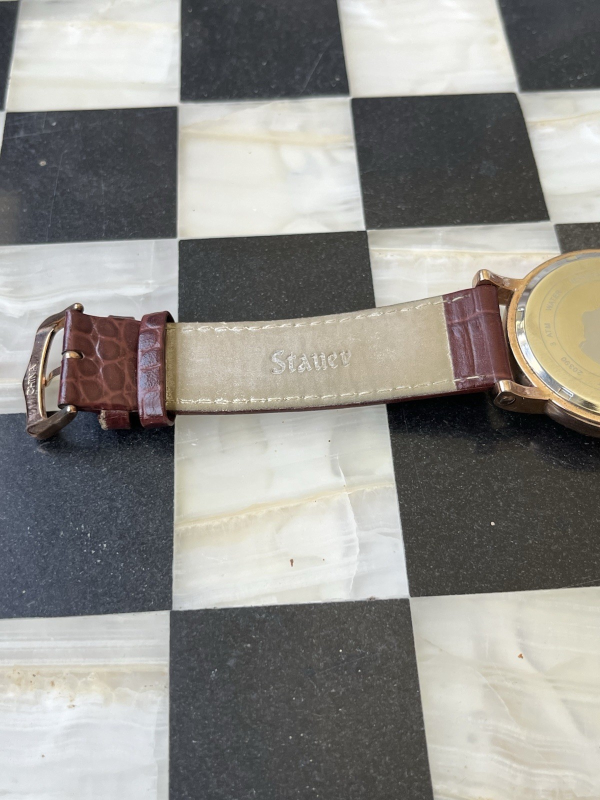 Stauer Moon Phase Quartz Day Date Watch Brown Leather Strap Rose Gold – 20390