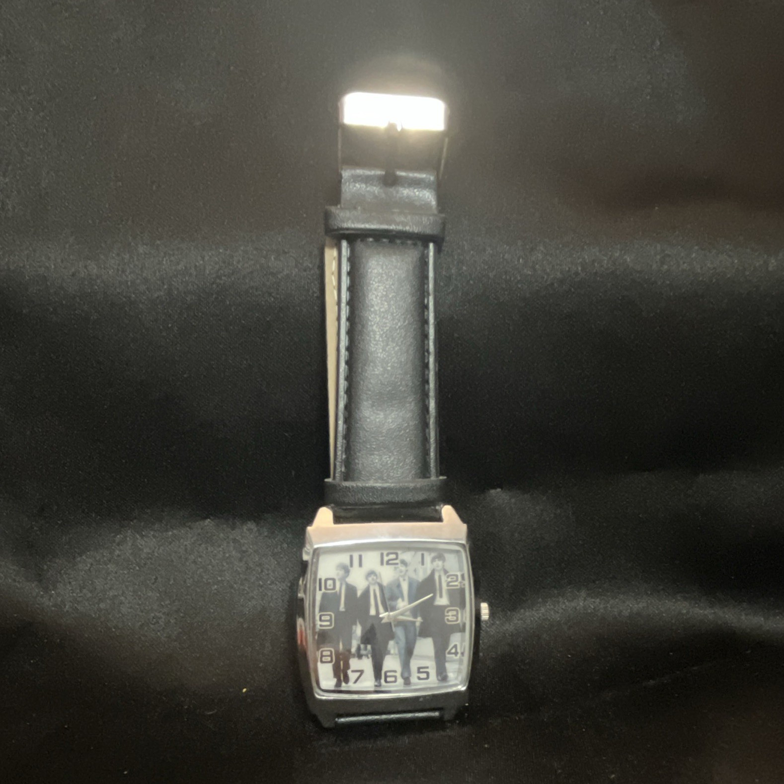 Square Analog Wristwatch Photo Dial, Black Leather Strap, Silver Steel Case