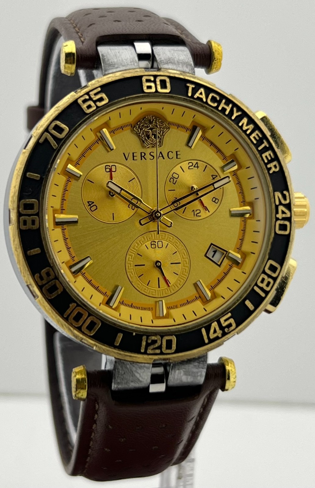 Precious Men’s Versace Greca Chronograph Golden Dial Date Working Wristwatch