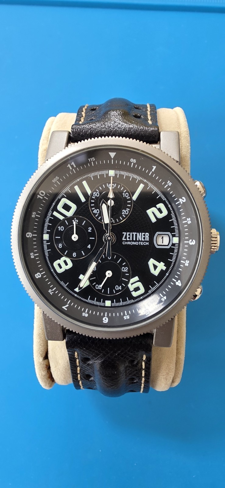 Zeitner Chronotech Chronograph Men’s Watch Black Dial Leather Strap Date Quartz