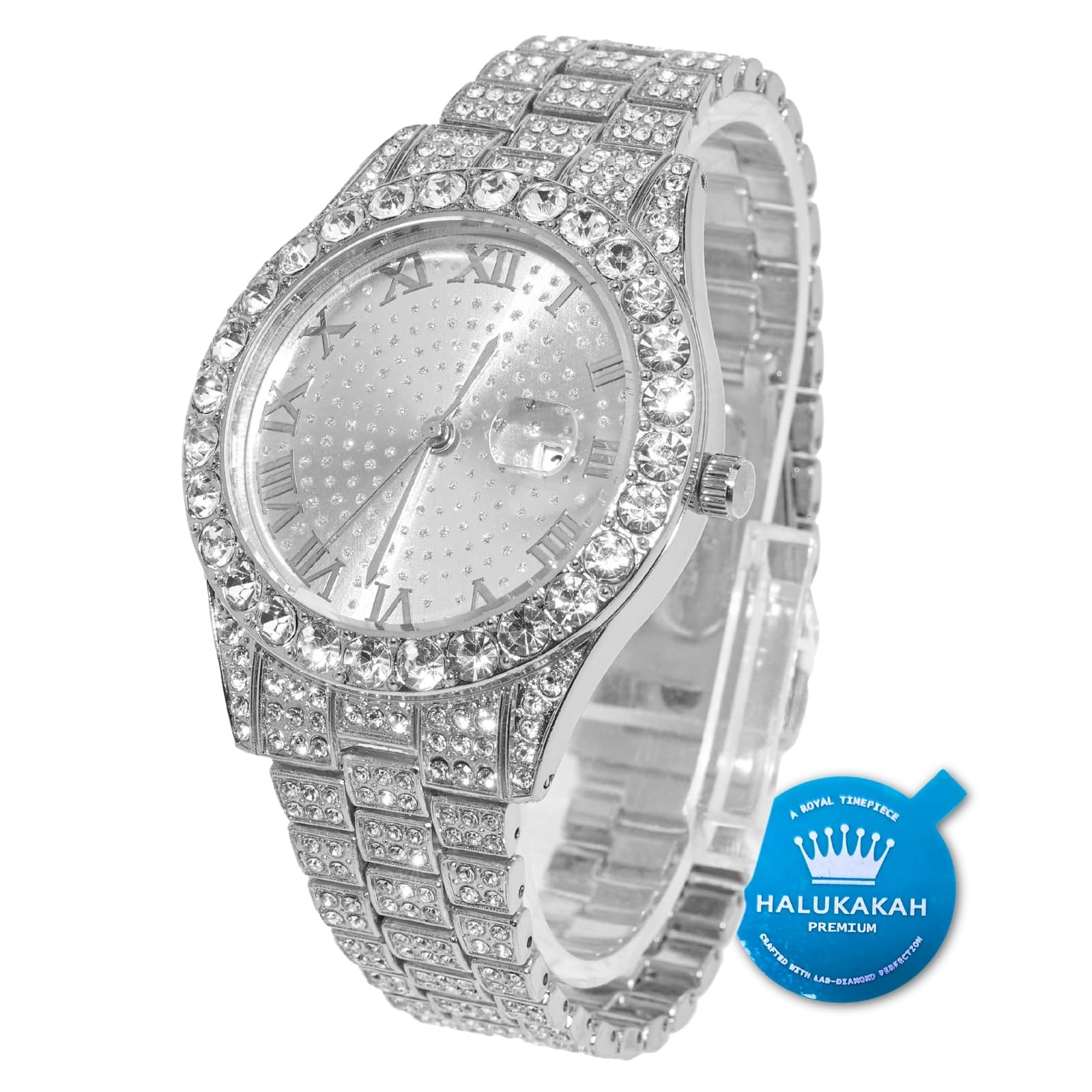 Mens Luxury Diamond Watch Silver Plated Round Dial Quartz Wristband 42MM NEW!