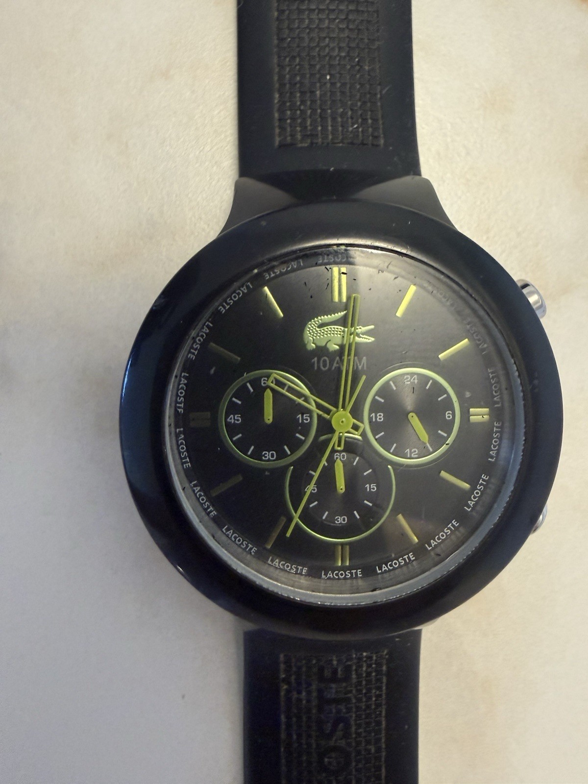 Lacoste Quartz Chronograph Wristwatch Black Dial Green Rubber Strap 45mm 100m