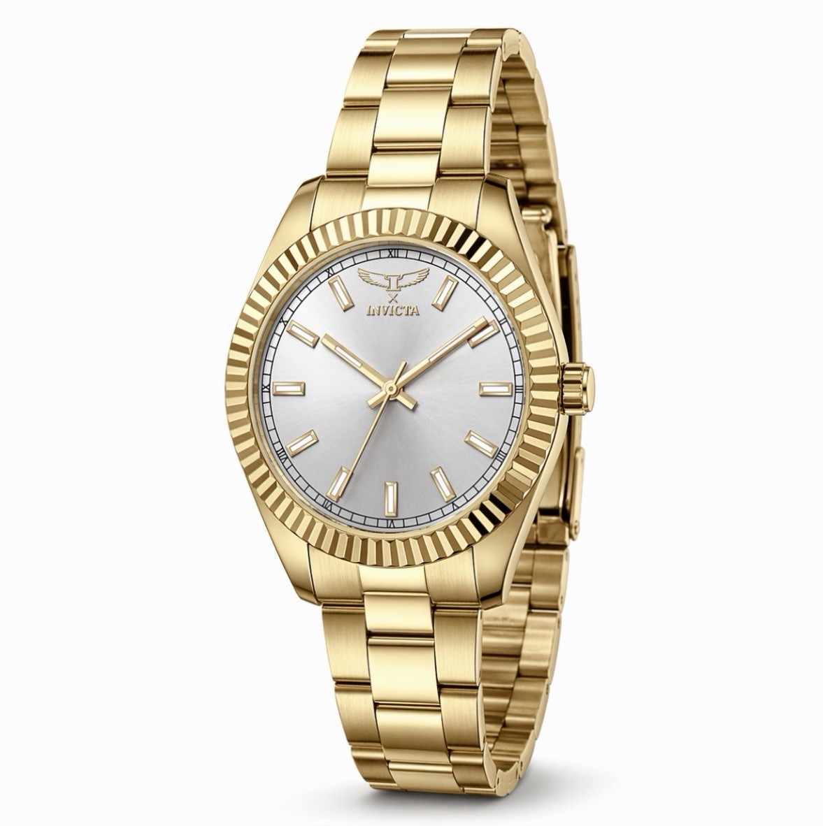 Invicta Men’s Analog Silver Dial Gold SS Bracelet Watch Fluted Bezel w/ Box