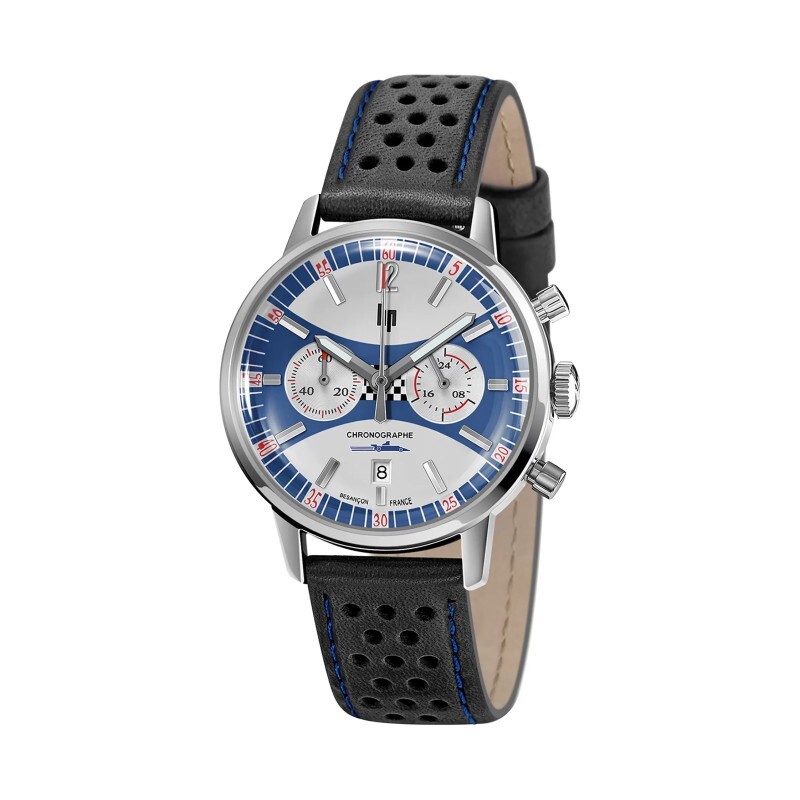 Lip Rallye Meca Quartz 670051 Mens Black Leather Strap Blue White Watch 39 mm