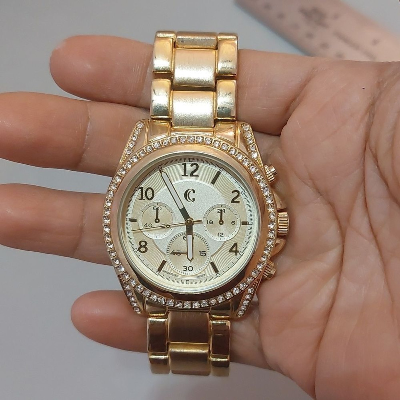 Charming Charlie Crystal Embellished Gold Tone Link Wrist Watch Foldover Clasp