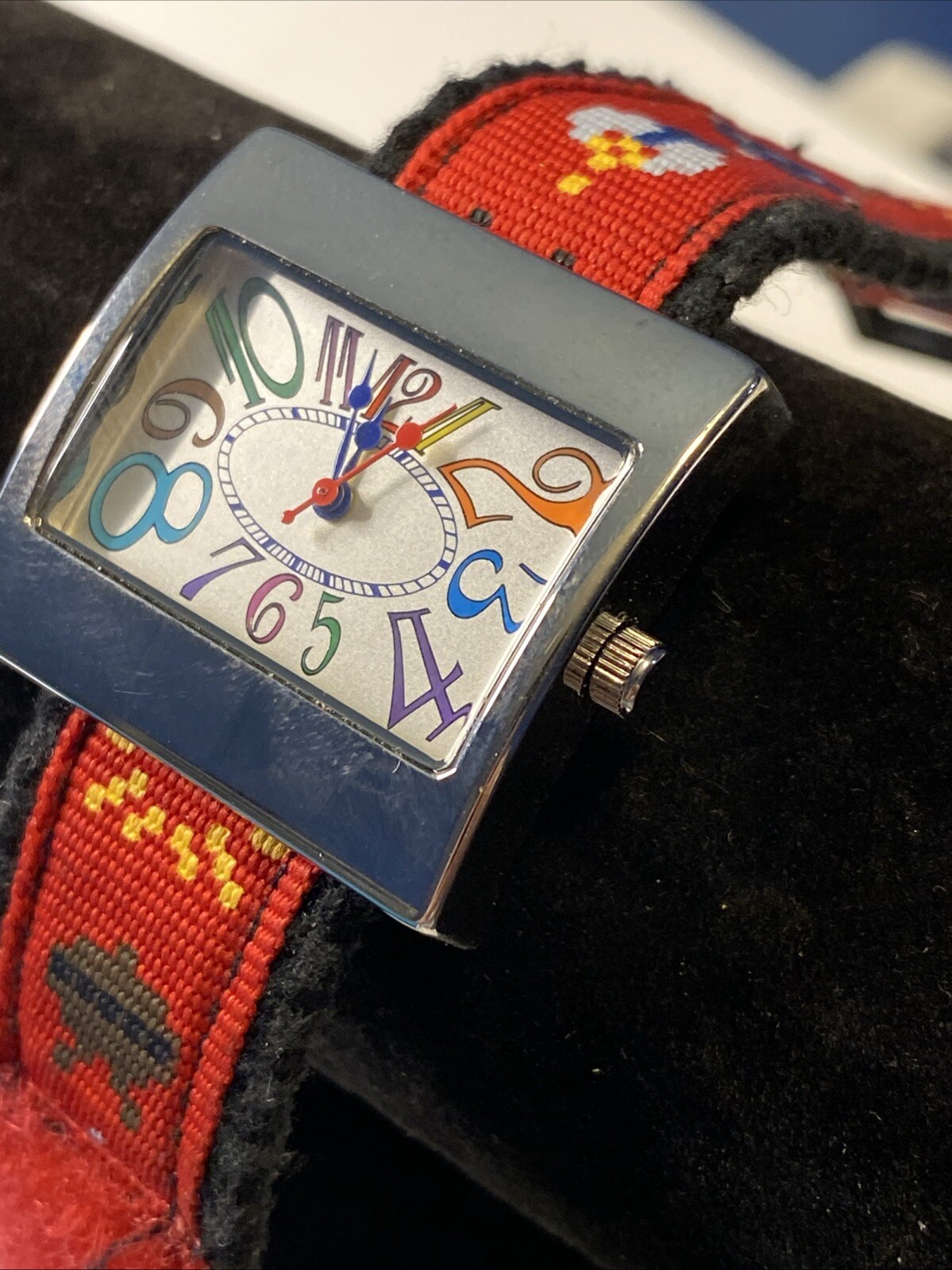 Quartz Wristwatch Silver Tone Rectangle Face Colorful Numbers Colored Nylon Band