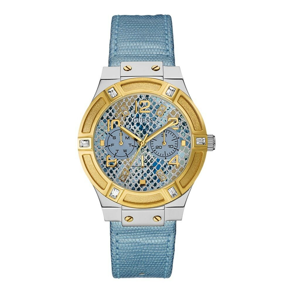 GUESS WOMEN’S jet setter WATCH WITH BLUE LEATHER dial STRAP W0289L2