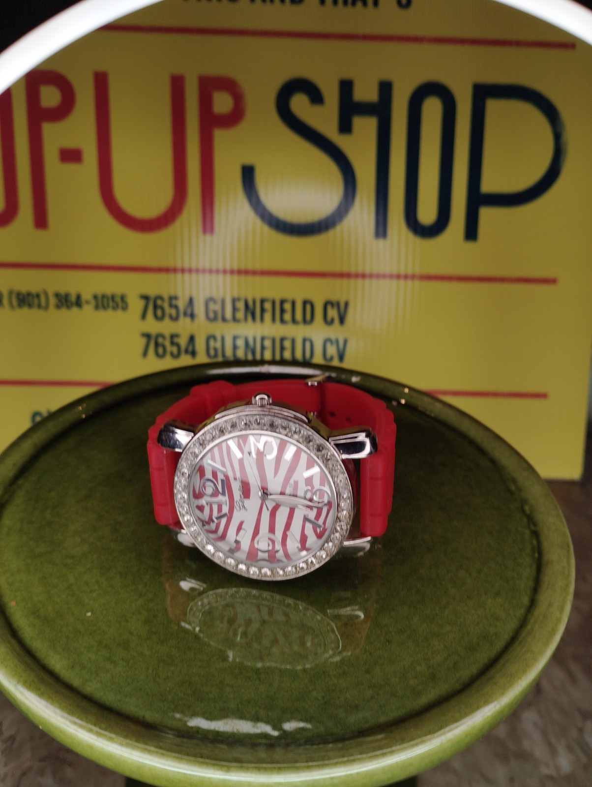 Red Zebra Pattern Watch with Rhinestone Bezel