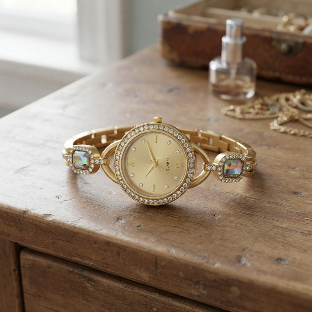 Glamorous Women’s Gold Analog Watch with Adjustable Band and Faux Diamonds