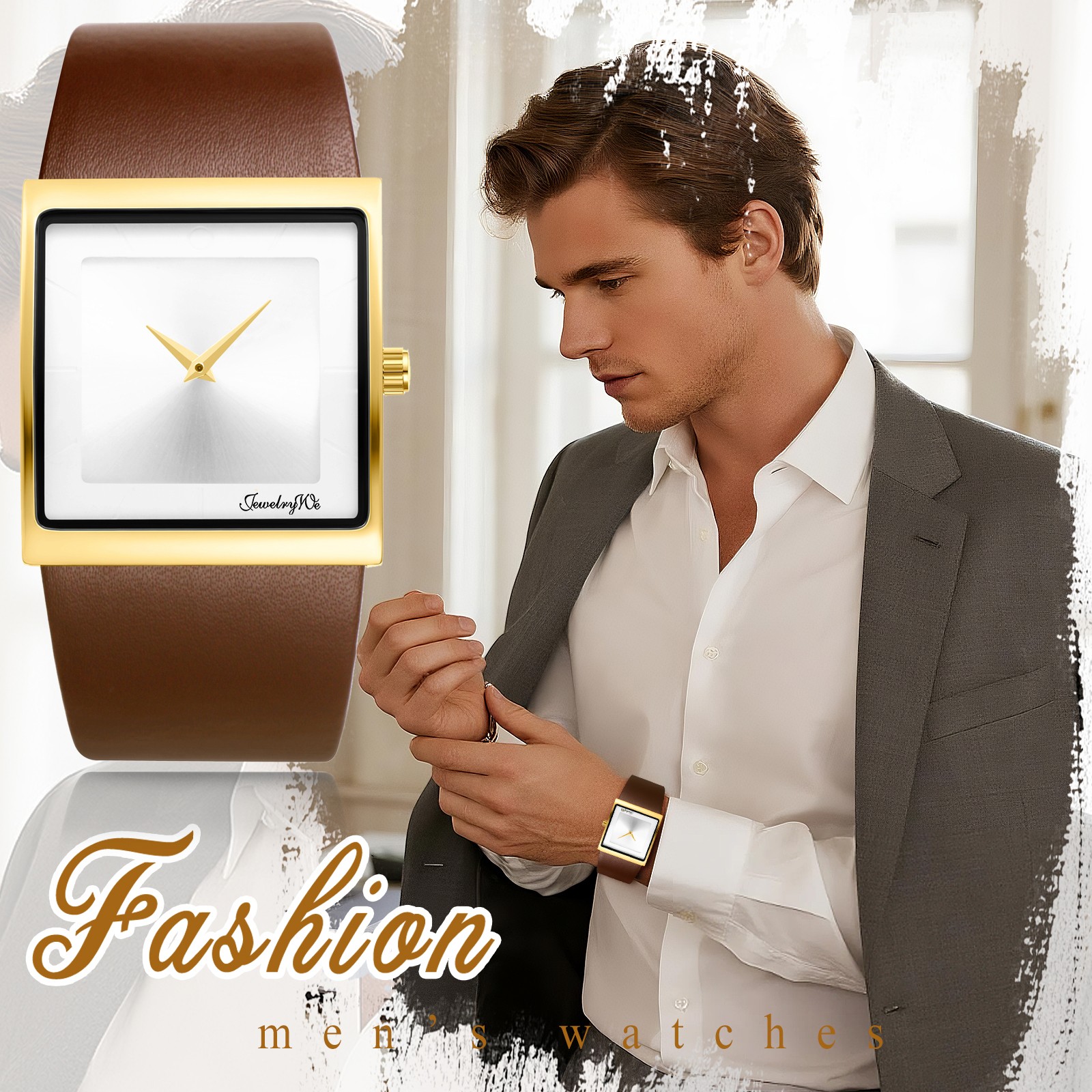 Leather Strap Square Analog Quartz Watch Japanese Movement Business Casual 3ATM