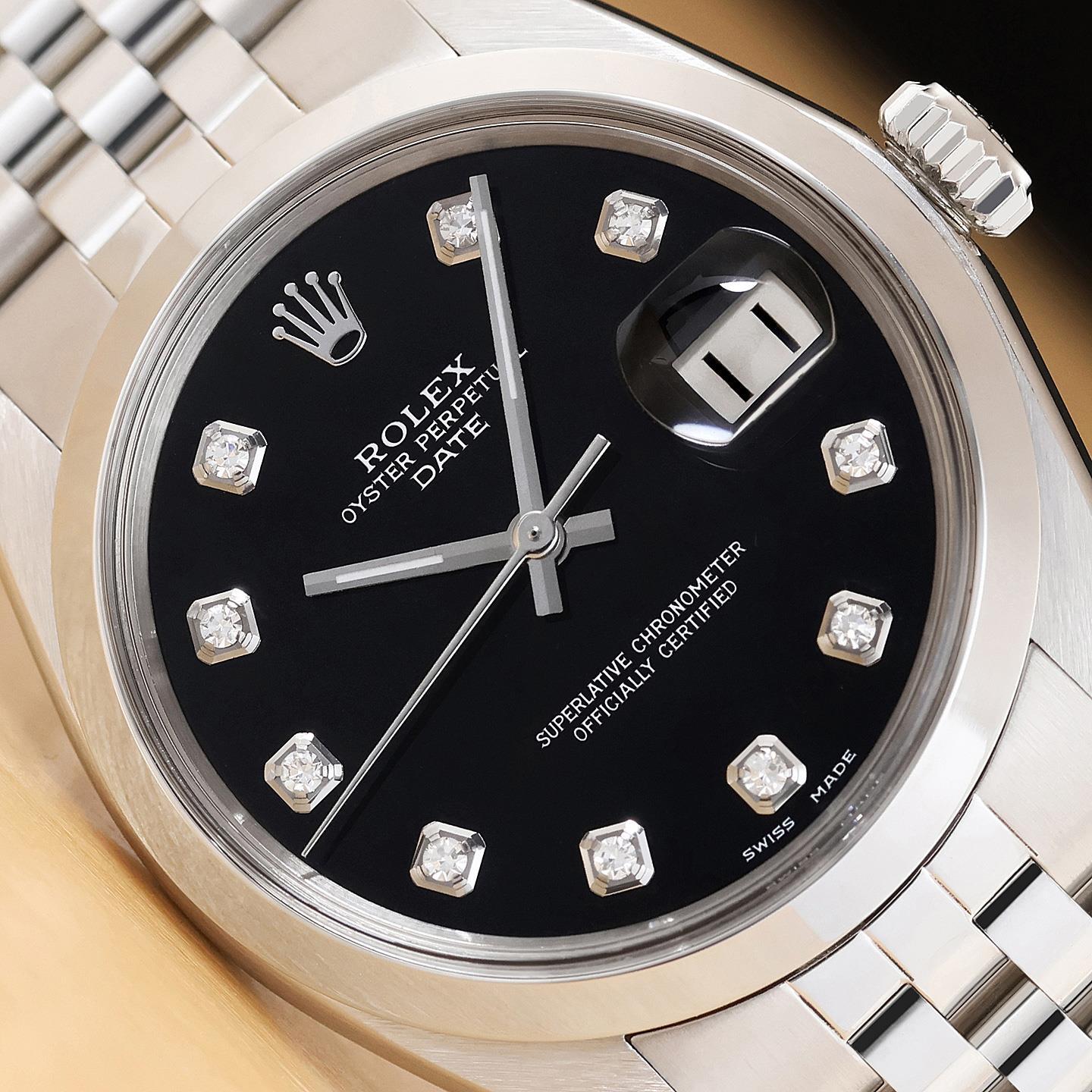 ROLEX OYSTER PERPETUAL DATE 1500 BLACK DIAMOND DIAL STAINLESS STEEL 34MM WATCH