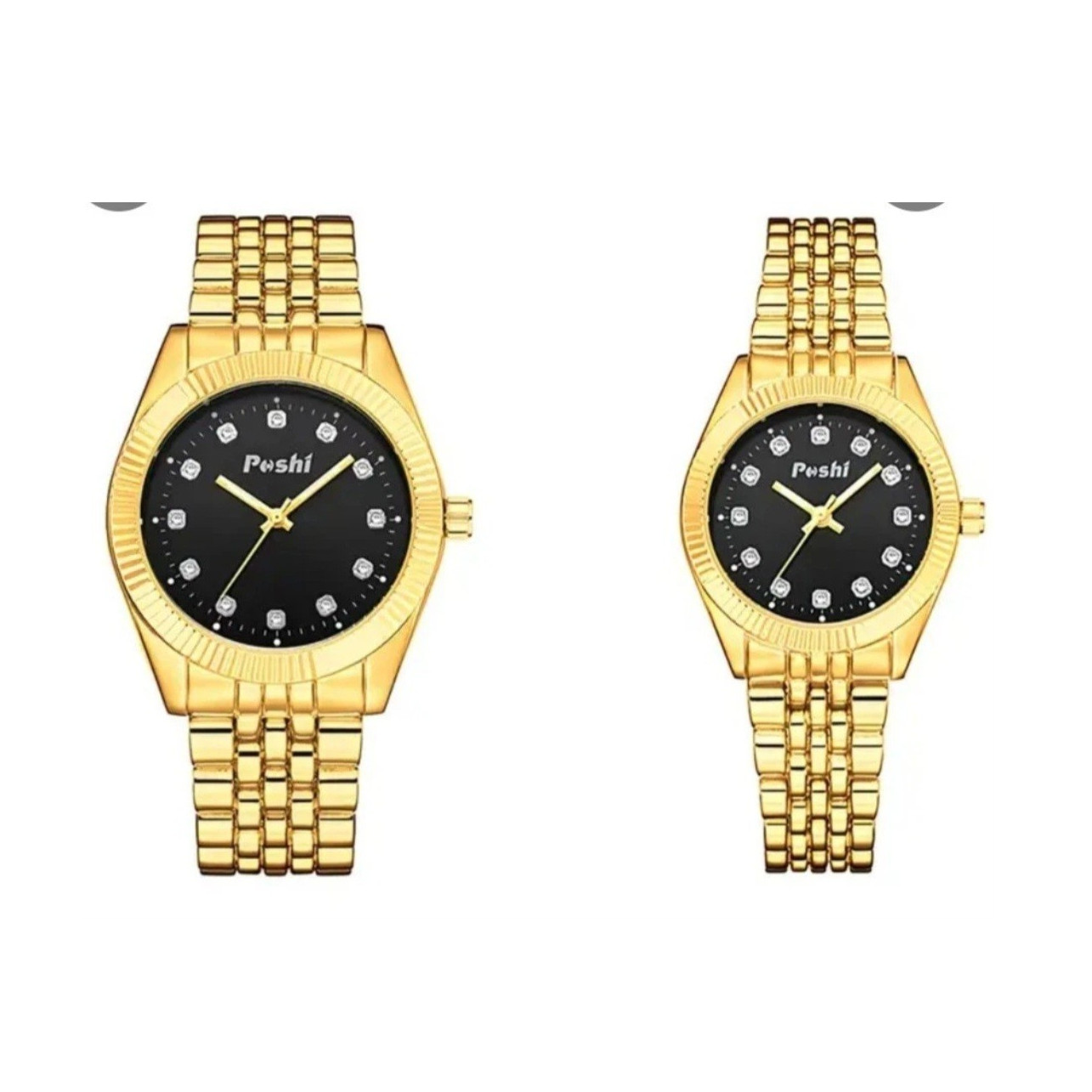 Poshi Unisex Analog Watch Gold Metal Bracelet Black Dial Diamond Markers