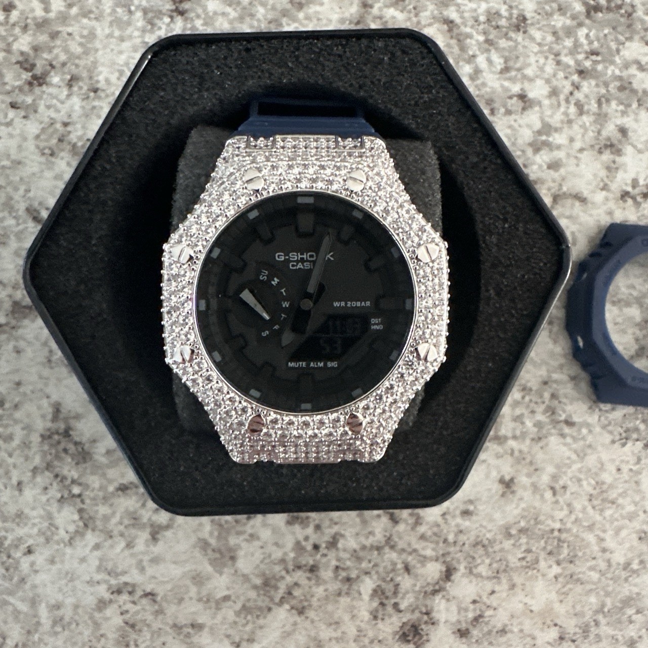 Iced Out Casio GSHOCK GA2100 Mod A5 CZ W/ Navy Blue Band BRAND NEW Box & Papers